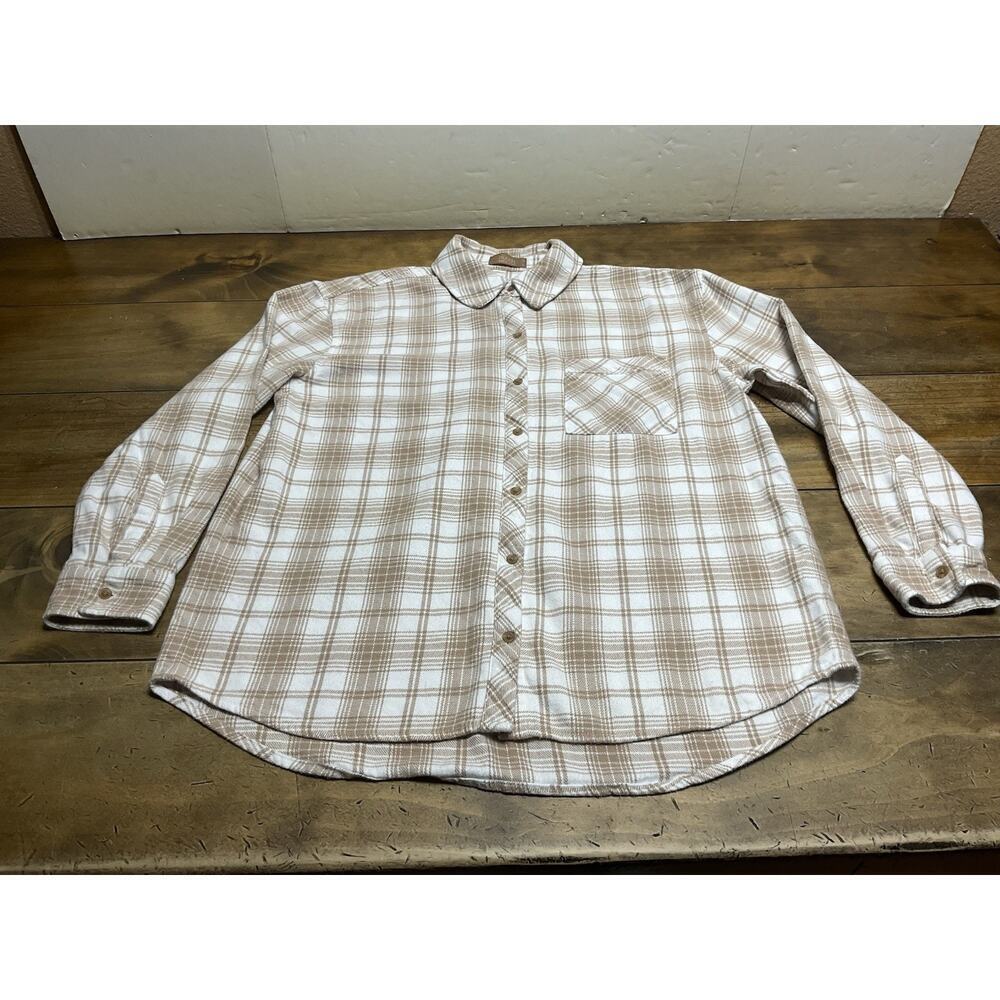 Nuuds Boyfriend Flannel Button Down Shirt Plaid Tan Size Small